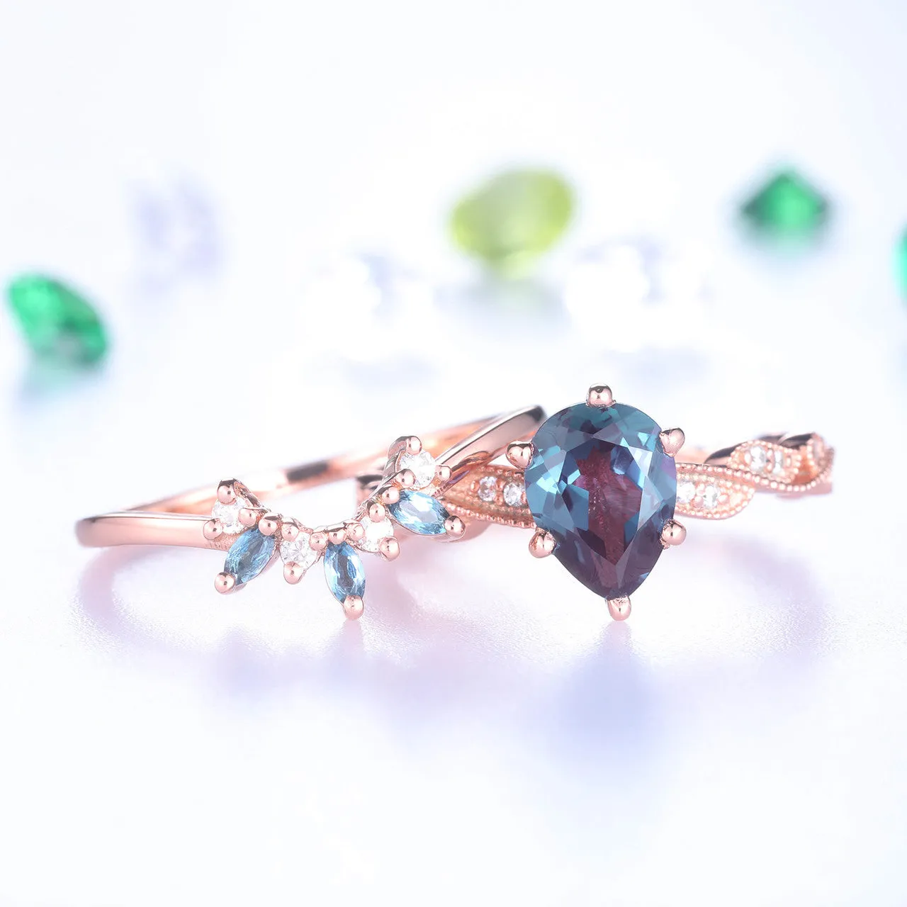 Floral Alexandrite Diamond Engagement Rings Rose Gold Wedding Set Color Chaning Stone