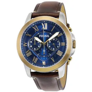 Fossil Grant Brown Leather Strap Blue Dial Chronograph Quartz Watch for Gents - FS5150