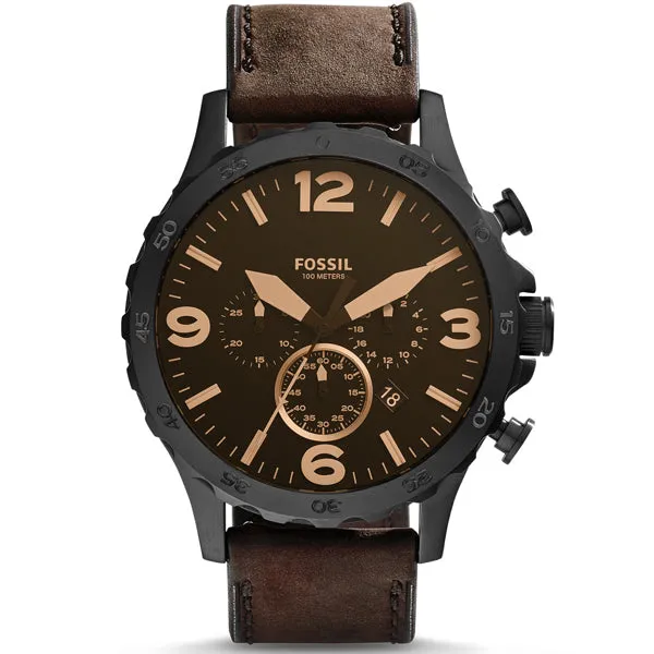 Fossil Nate Brown Leather Strap Brown Dial Chronograph Quartz Watch for Gents - JR1487
