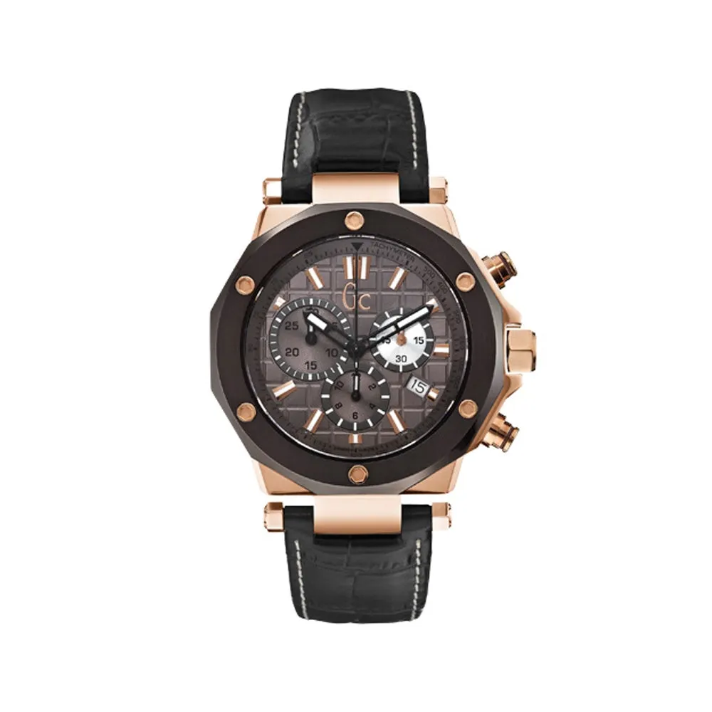 Gc Men's Chronograph IP RG Watch With Black Dial & Black Leather Strap