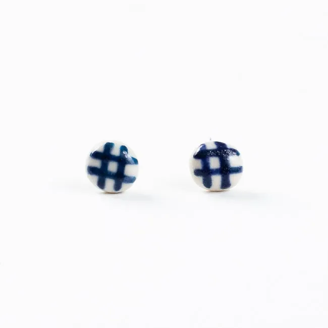 GINGHAM STUD EARRINGS - INDIGO