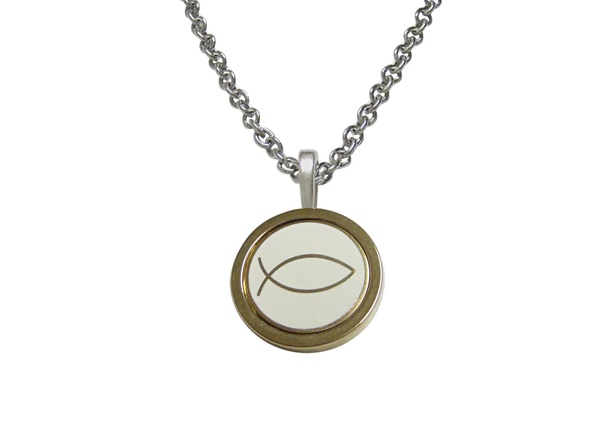 Gold and White Toned Religious Ichthys Fish Pendant Necklace