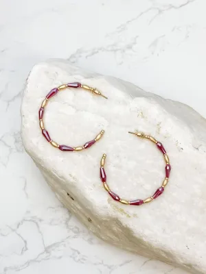 Gold Beaded Skinny Hoop Earrings - Burgundy
