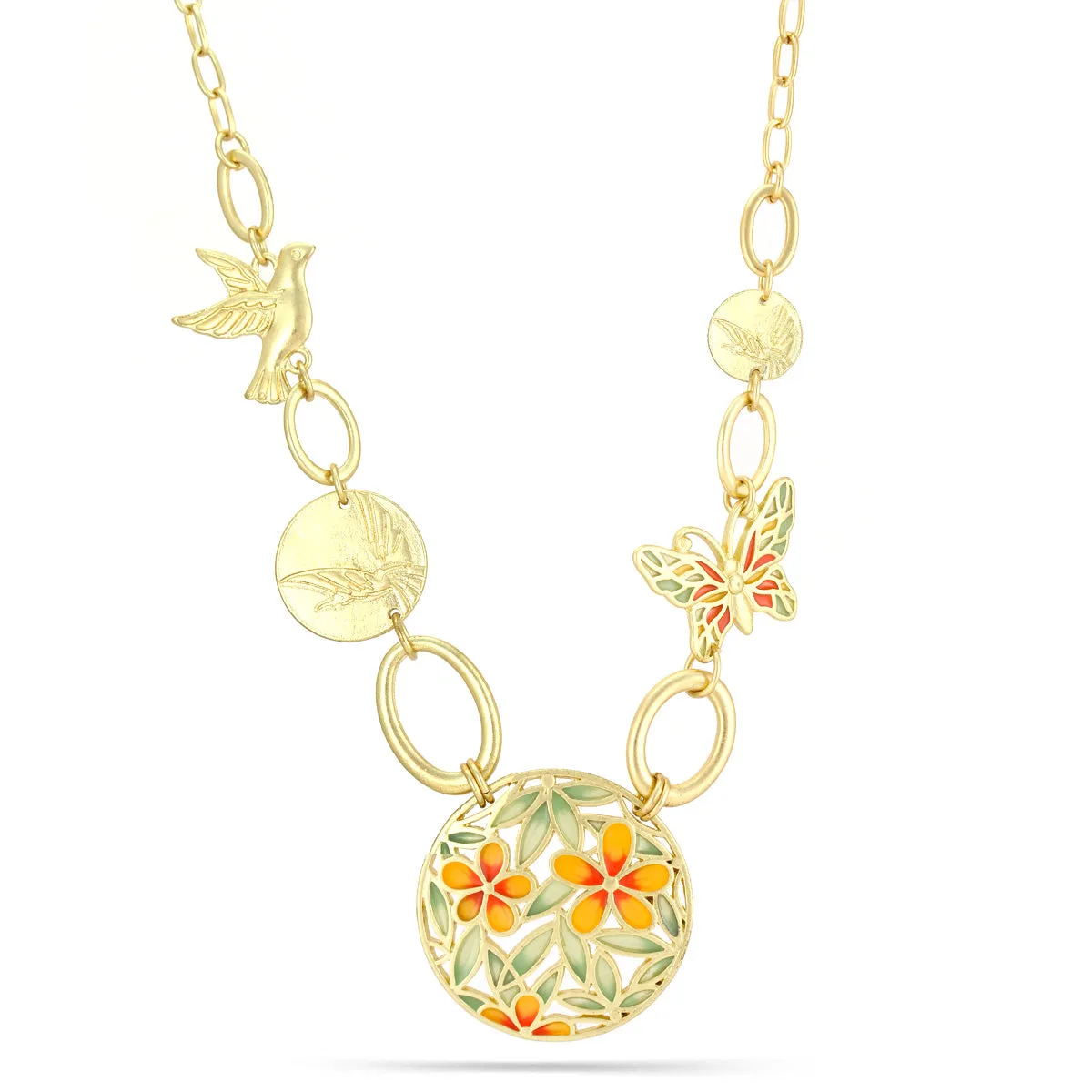 GOLD BIRD AND BUTTERFLY ORANGE GREEN FLOWER  NECKLACES #181OR1301 (5F1)