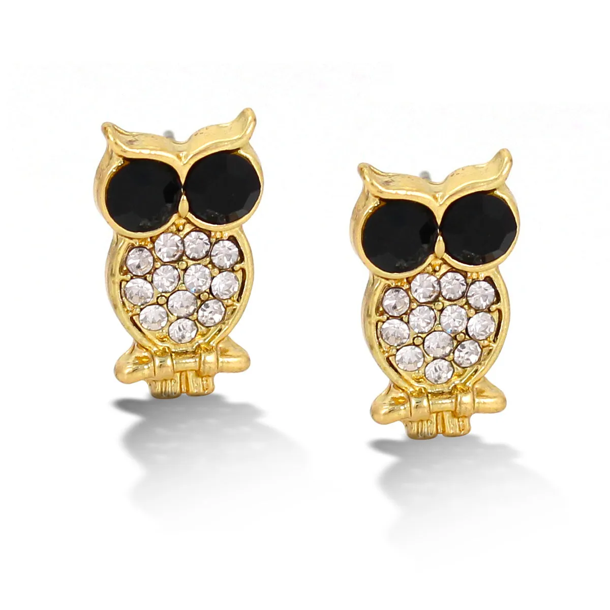 GOLD BLACK AND WHITE CRYSTAL OWL STUD EARRING #SWKK-3372GLD (AH19)