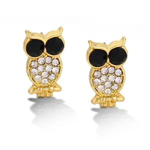 GOLD BLACK AND WHITE CRYSTAL OWL STUD EARRING #SWKK-3372GLD (AH19)