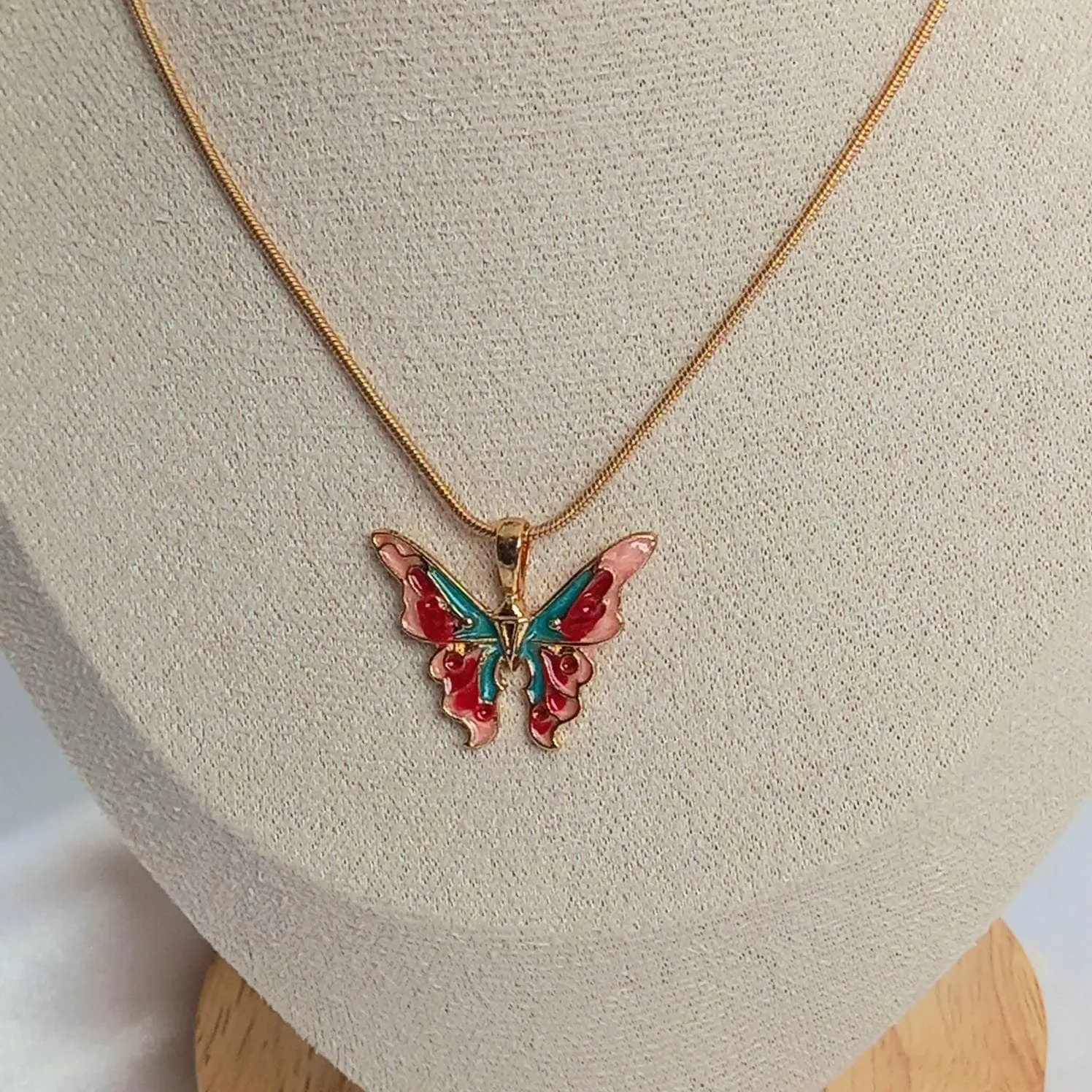 Gold Butterfly Charm Necklace - Gold Chain Necklaces In UK,Pink & Blue Butterfly Necklace,Pink Necklaces In The UK,Gold Jewellery In The UK