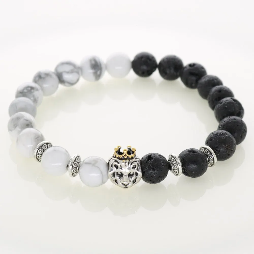Gold Crown Lion Natural Stone Lava Beads Bracelet