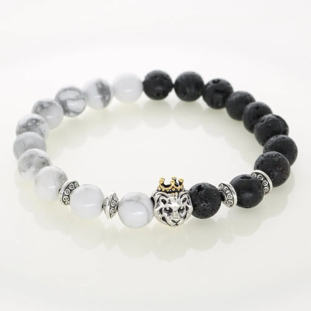 Gold Crown Lion Natural Stone Lava Beads Bracelet