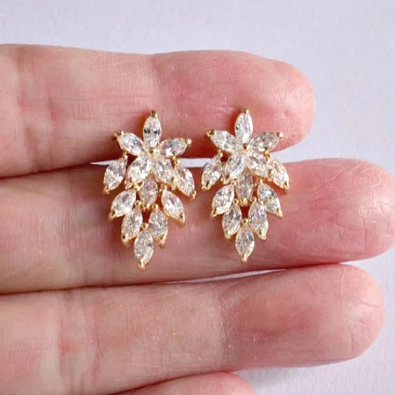 Gold Floral Leaves Marquise Crystal Stud Wedding Earrings. Cubic Zirconia Leaf Stud Bridal Earrings. CZ Art Deco Stud Earrings.