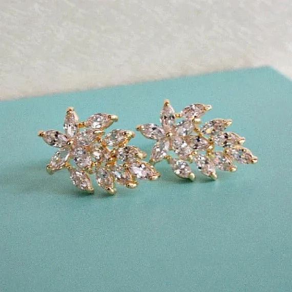 Gold Floral Leaves Marquise Crystal Stud Wedding Earrings. Cubic Zirconia Leaf Stud Bridal Earrings. CZ Art Deco Stud Earrings.