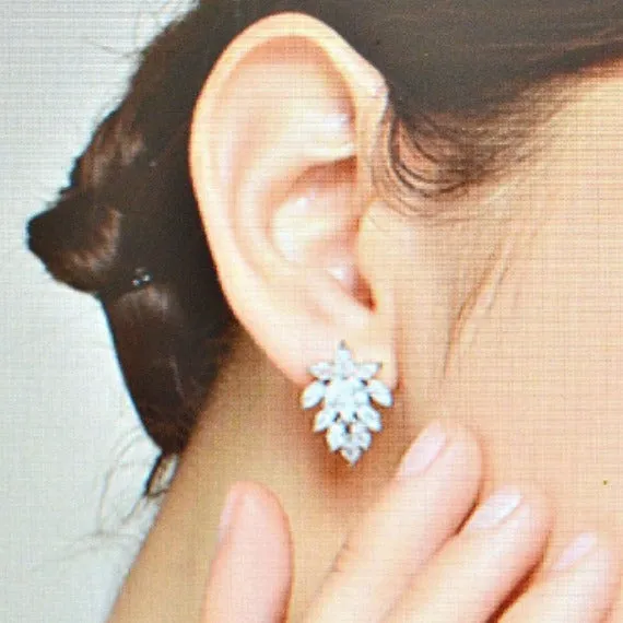 Gold Floral Leaves Marquise Crystal Stud Wedding Earrings. Cubic Zirconia Leaf Stud Bridal Earrings. CZ Art Deco Stud Earrings.
