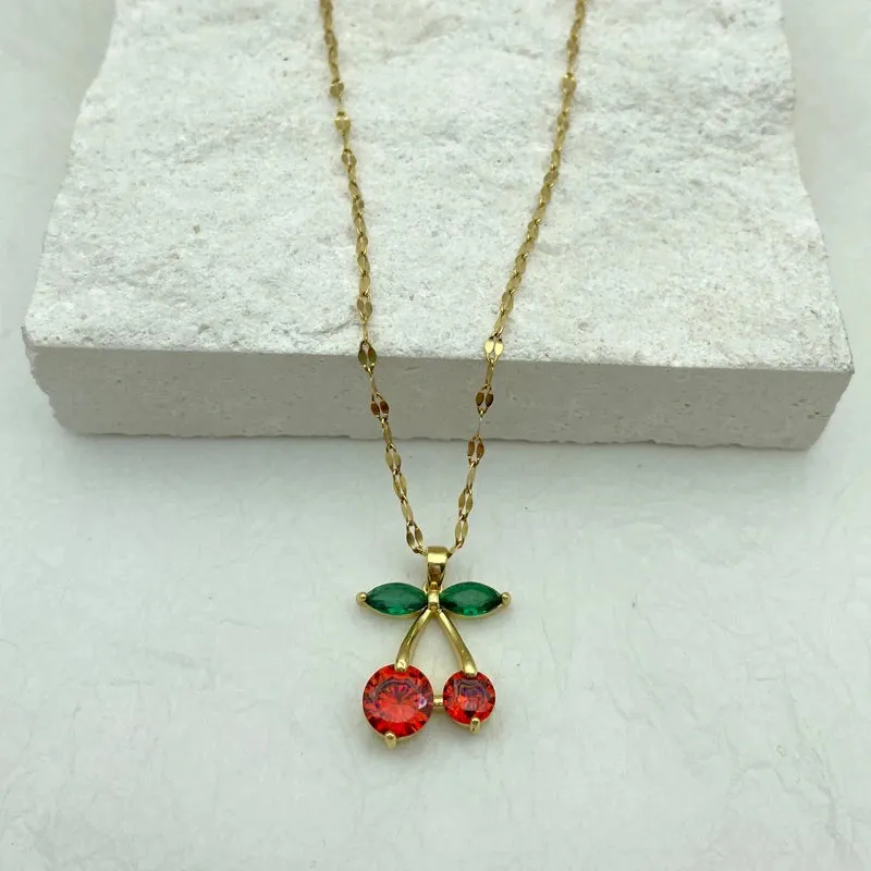 Gold Plated Stainless Steel Necklaces With Zircons Red Cherry