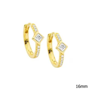 Gold Plated Sterling Silver Hoop Earrings with a Princess Cut Cubic Zirconia E600GP