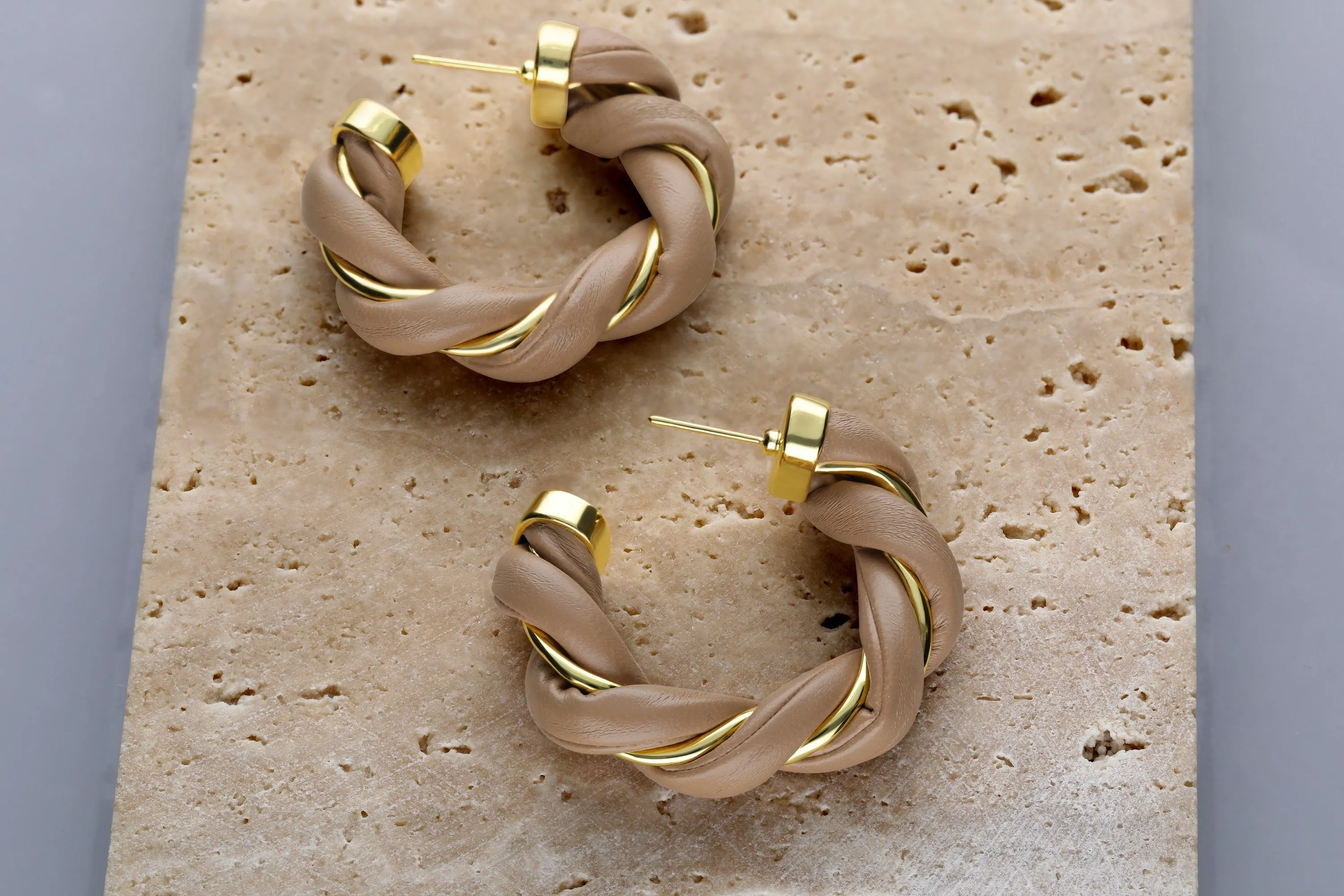 Gold-Plated Twisted Leather Hoop Earrings with Gift Pouch