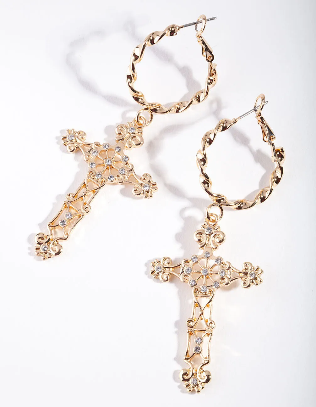 Gold Rope Hoop Filigree Cross Earrings
