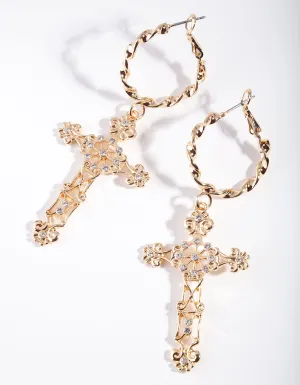 Gold Rope Hoop Filigree Cross Earrings