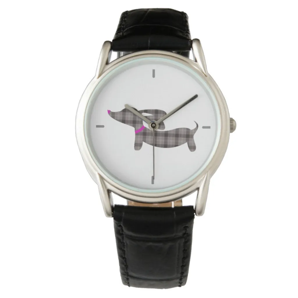 Gray Plaid Wiener Dog Leather Band Watches