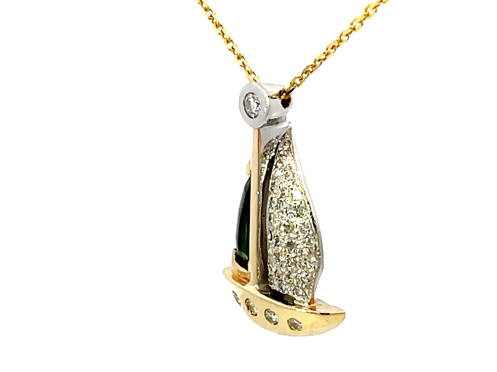 Green Tourmaline and Diamond Sail Boat Necklace Solid 14k Yellow Gold