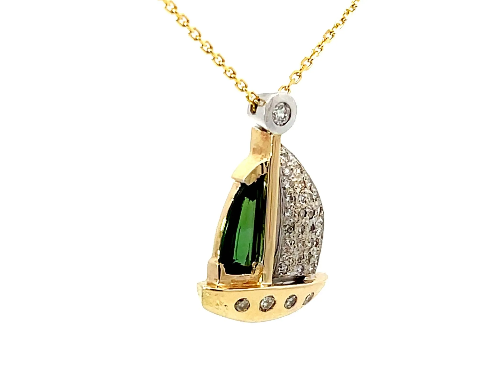 Green Tourmaline and Diamond Sail Boat Necklace Solid 14k Yellow Gold
