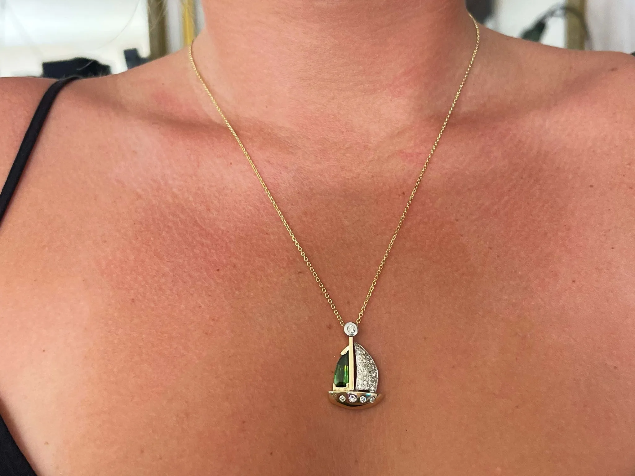 Green Tourmaline and Diamond Sail Boat Necklace Solid 14k Yellow Gold
