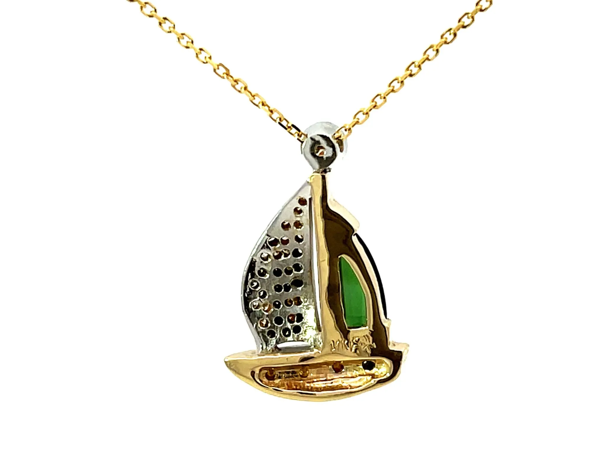 Green Tourmaline and Diamond Sail Boat Necklace Solid 14k Yellow Gold