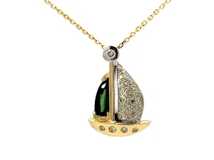 Green Tourmaline and Diamond Sail Boat Necklace Solid 14k Yellow Gold