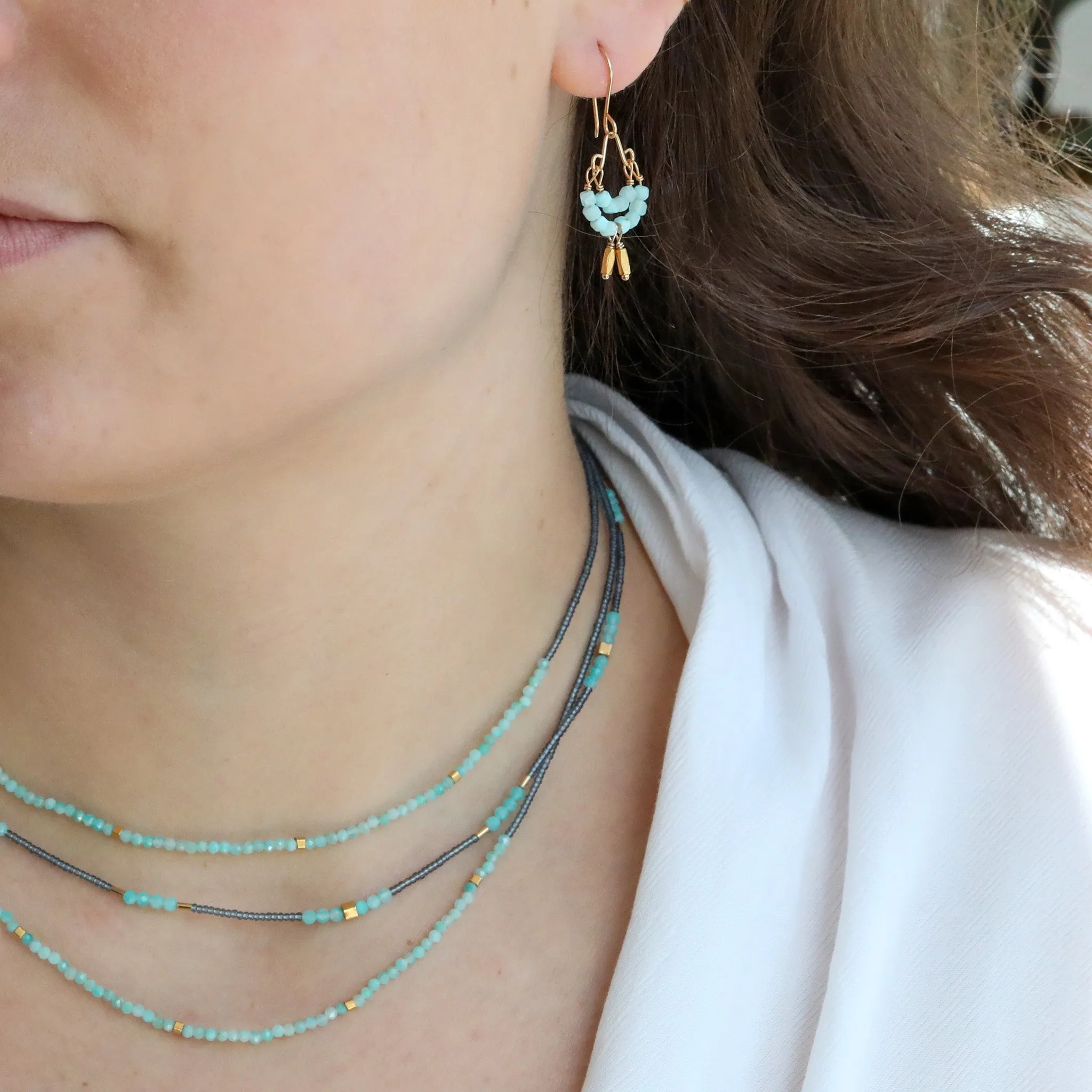 Grey Seed Bead Necklace with Amazonite & Square Gold Vermeil Stations