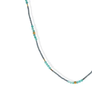 Grey Seed Bead Necklace with Amazonite & Square Gold Vermeil Stations
