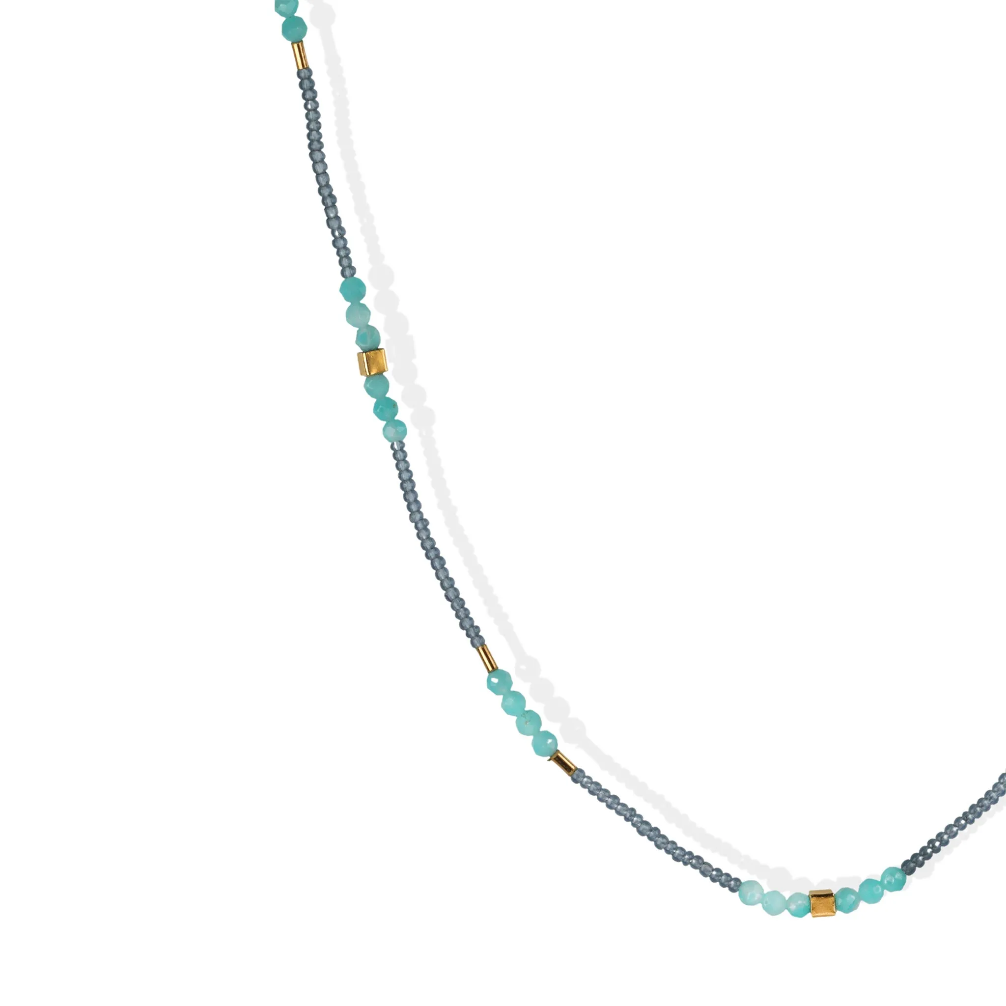 Grey Seed Bead Necklace with Amazonite & Square Gold Vermeil Stations