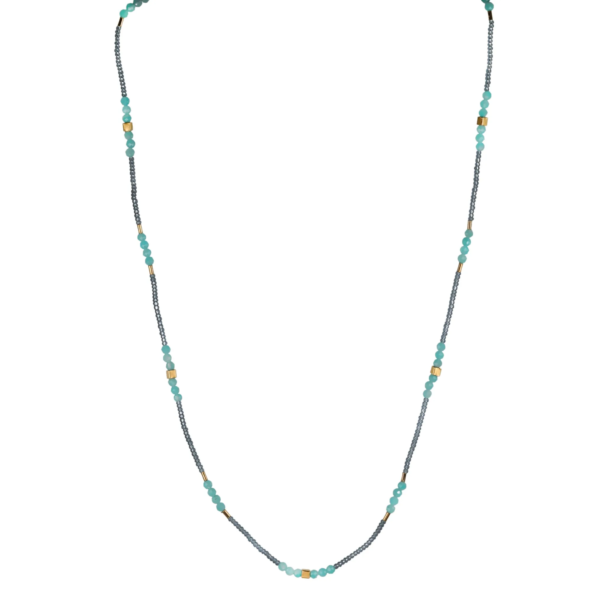 Grey Seed Bead Necklace with Amazonite & Square Gold Vermeil Stations