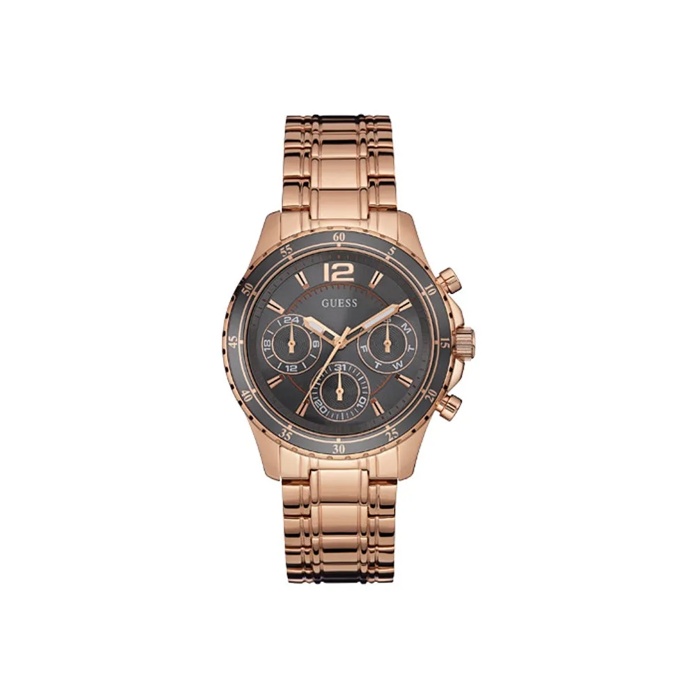 Guess Ladies Chronograph Watch IP RG With Black Dial & Metal Bracelet