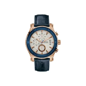 Guess Men's IP Gold Chronograph Watch With White Dial & Blue Leather Strap