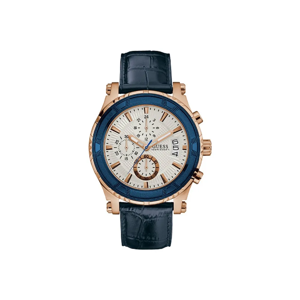Guess Men's IP Gold Chronograph Watch With White Dial & Blue Leather Strap