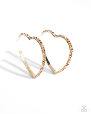Halftime Hearts - Multi - Colorful Rhinestone Gold Heart Paparazzi Hoop Earrings