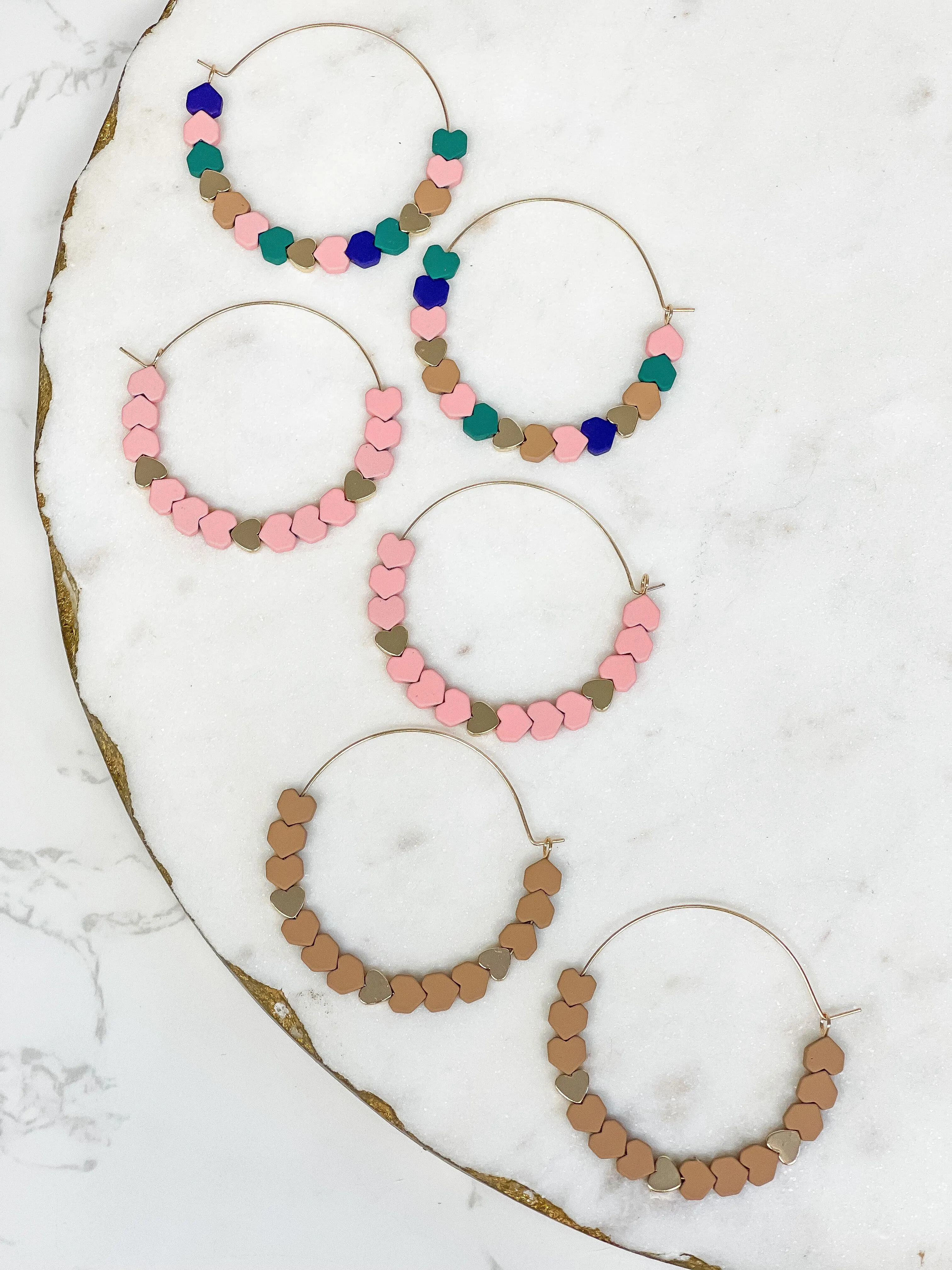 Heart-Bead Chevron Hoop Earrings - Brown