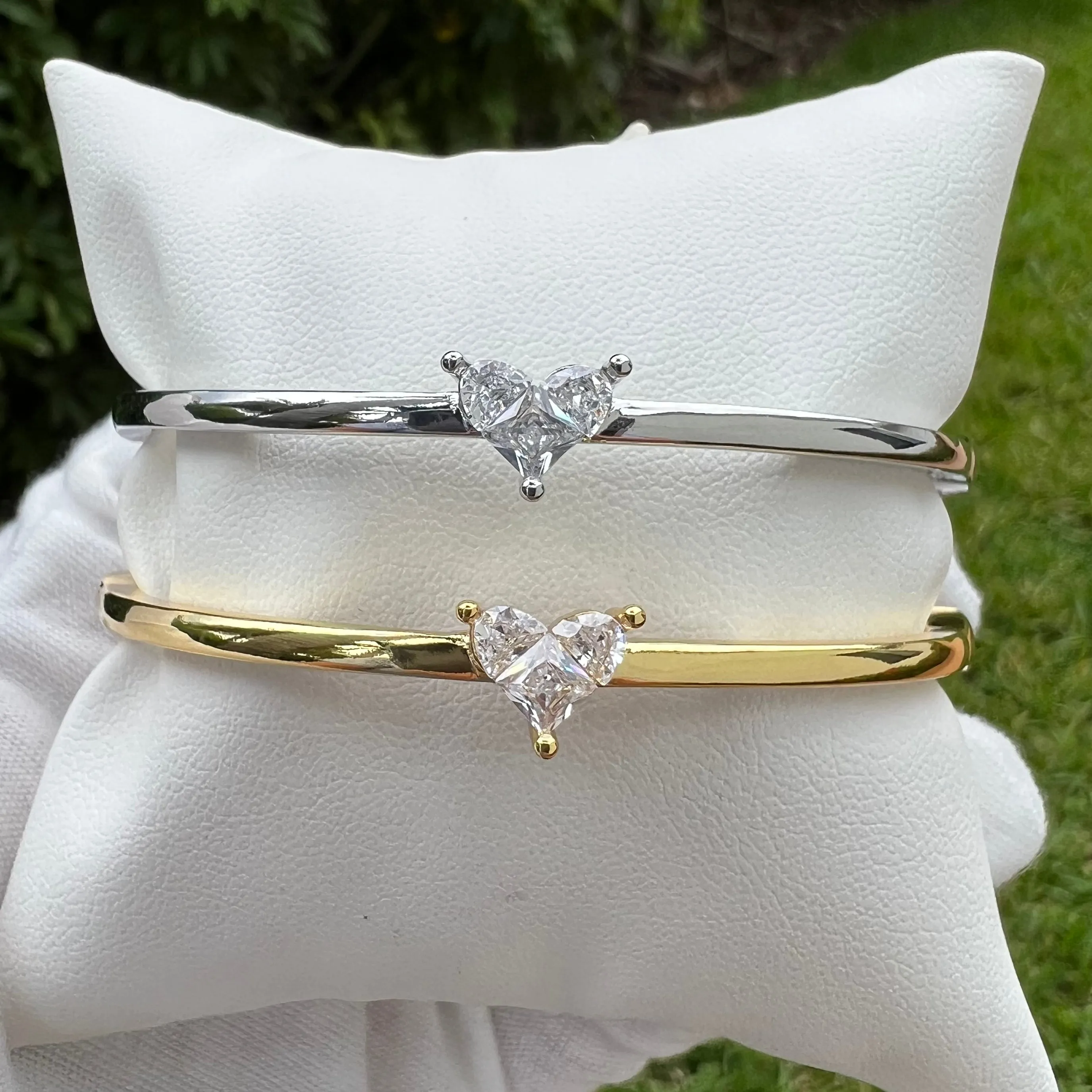 Heart CZ Bangle Bracelet - Silver and Gold