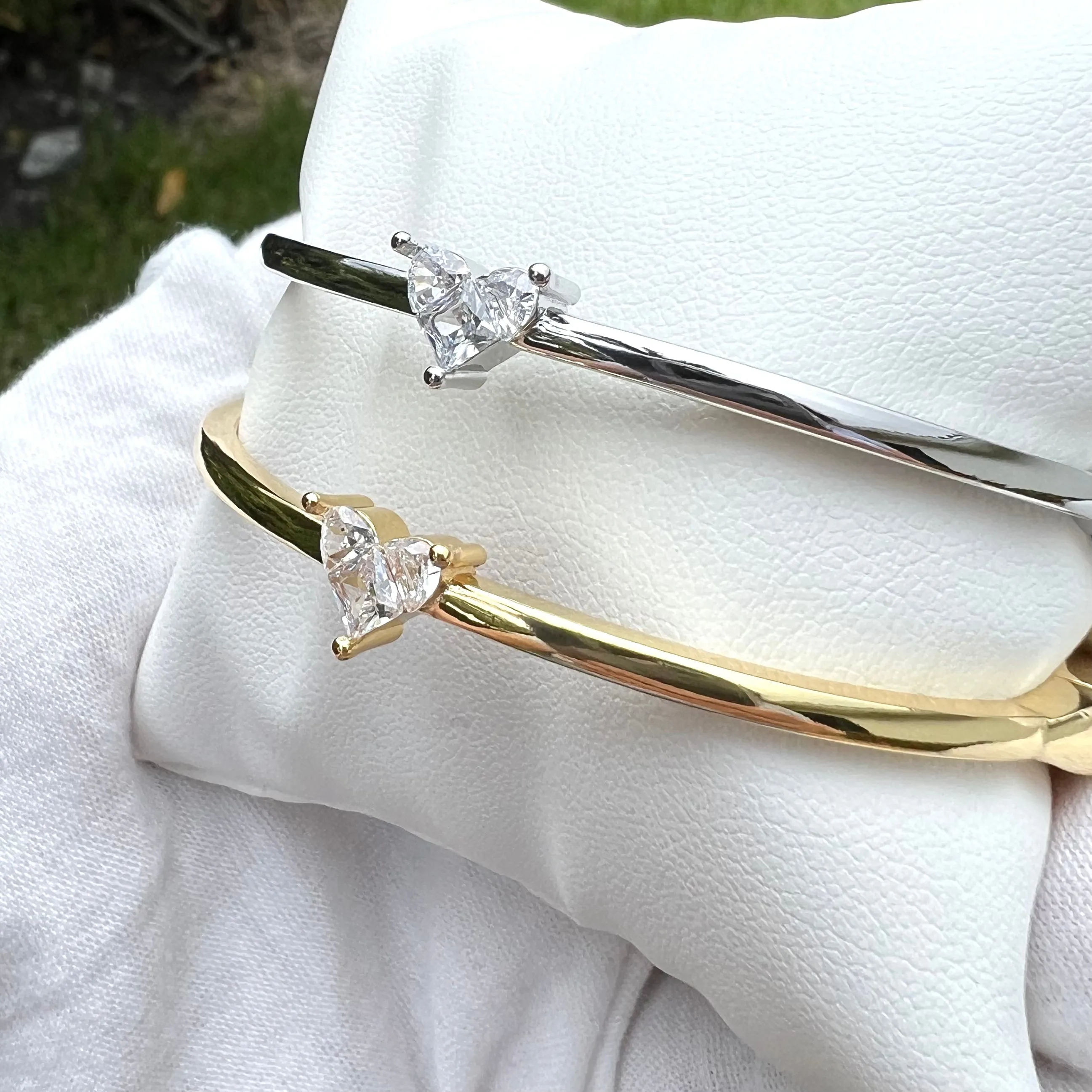 Heart CZ Bangle Bracelet - Silver and Gold