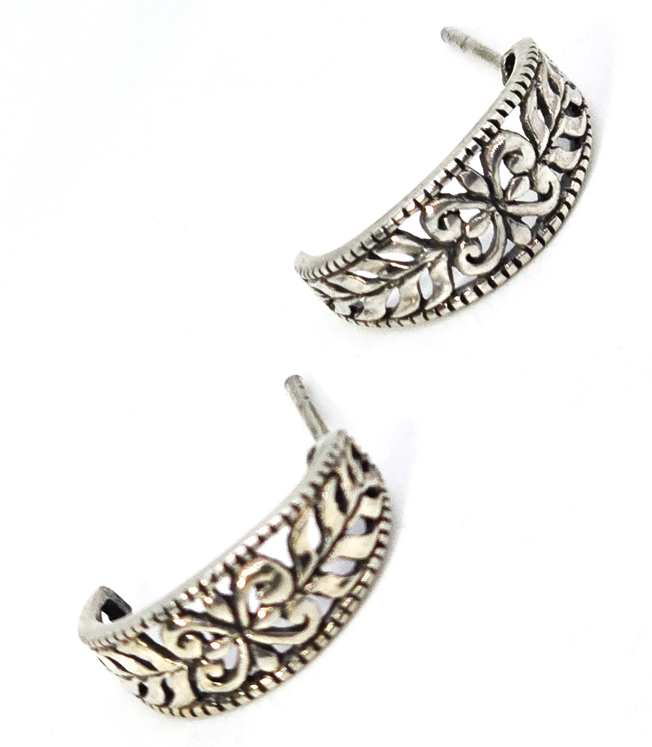 Heart filigree Open work vintage sterling silver crescent hoop earrings