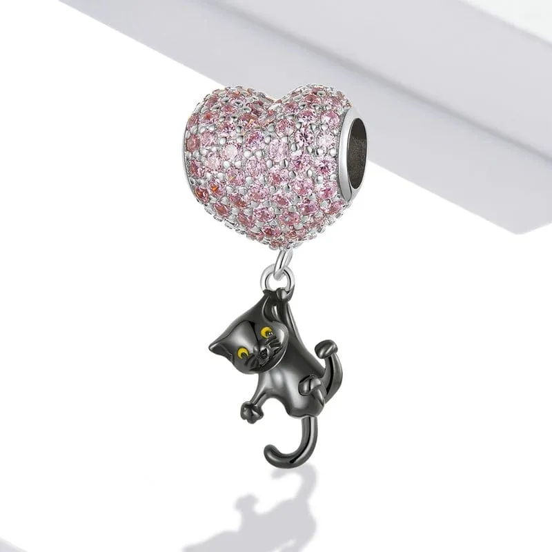 Heart Hanging Black Cat Charm