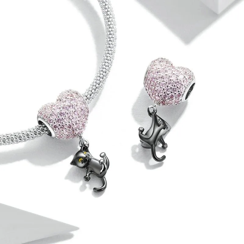 Heart Hanging Black Cat Charm