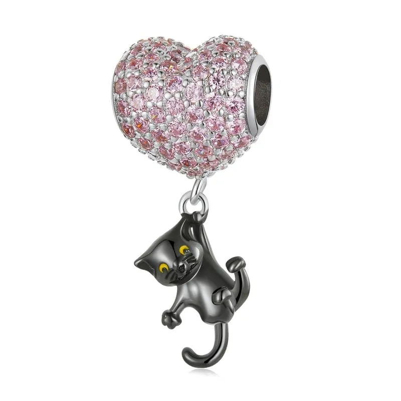 Heart Hanging Black Cat Charm