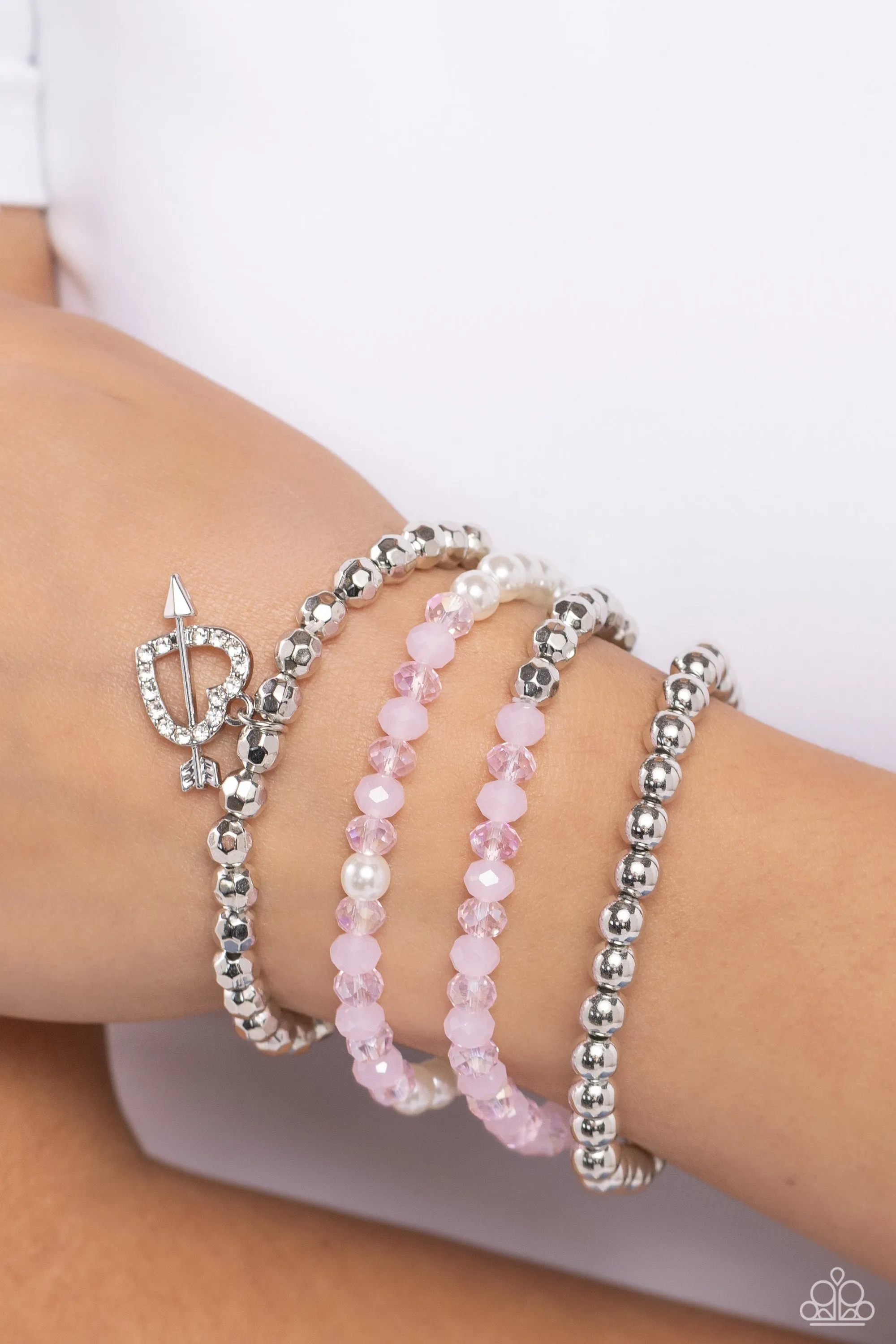 Heart-struck Haute - Pink - Rhinestone Encrusted Heart and Arrow Beaded Paparazzi Stretchy Bracelet