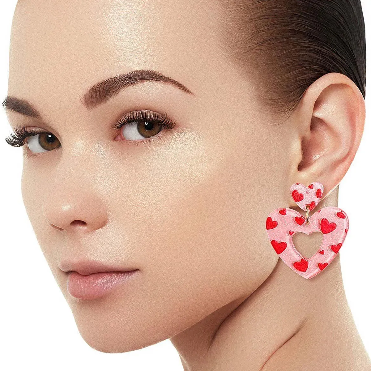 Heart Stud Earrings with Dangling Pink and Red Open-heart