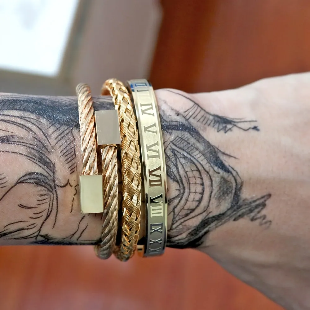 Hip Hop Stainless Steel Cuff Bangle Bracelet Set
