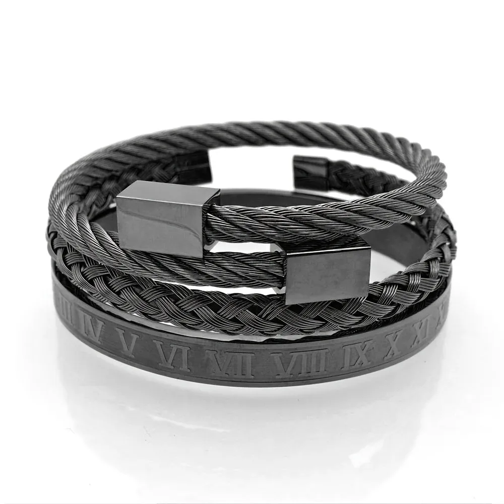 Hip Hop Stainless Steel Cuff Bangle Bracelet Set
