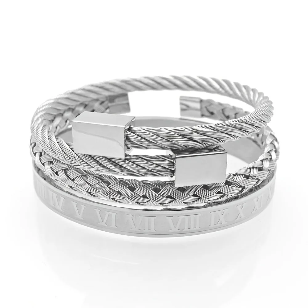 Hip Hop Stainless Steel Cuff Bangle Bracelet Set