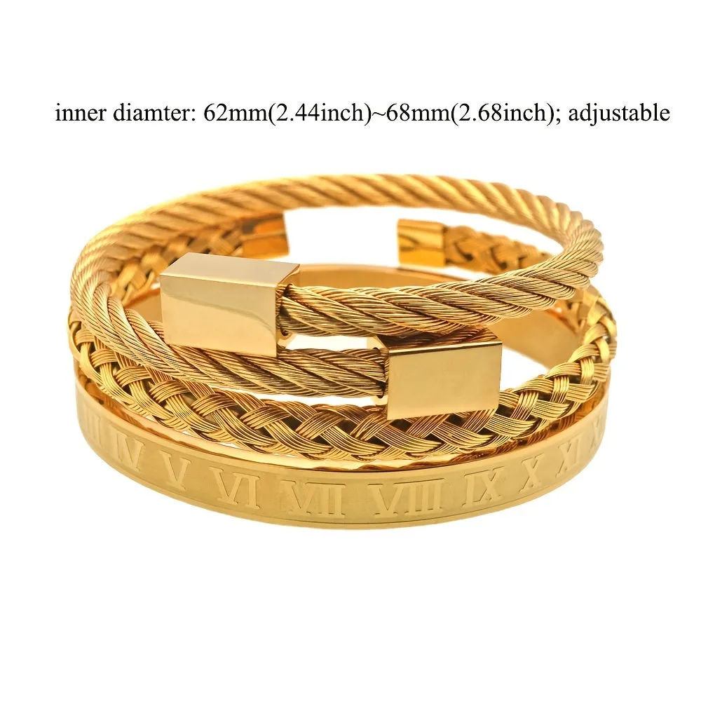 Hip Hop Stainless Steel Cuff Bangle Bracelet Set
