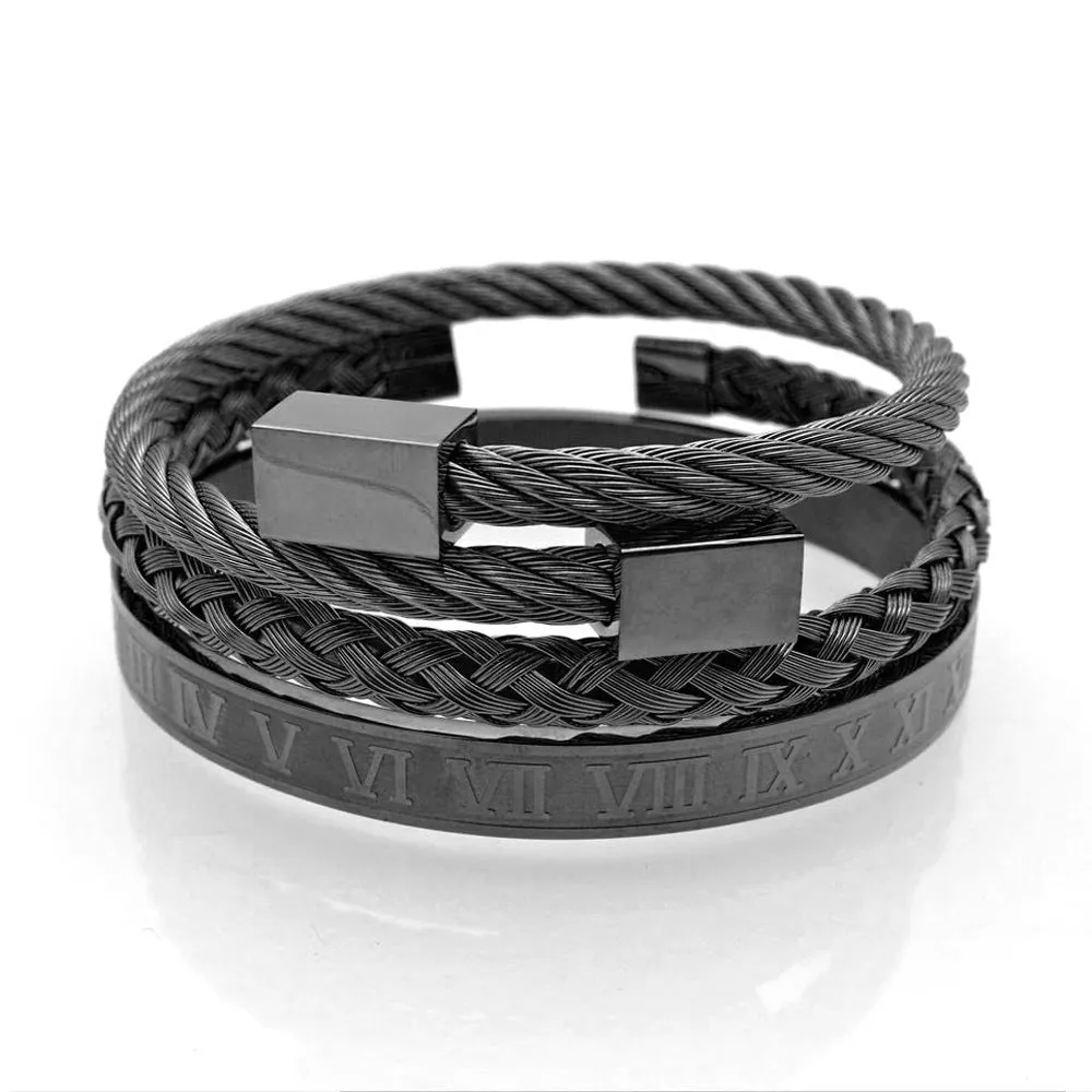 Hip Hop Stainless Steel Cuff Bangle Bracelet Set