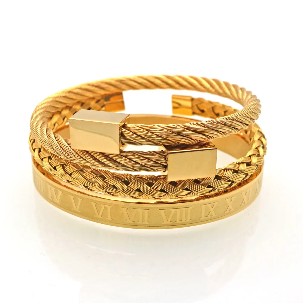 Hip Hop Stainless Steel Cuff Bangle Bracelet Set